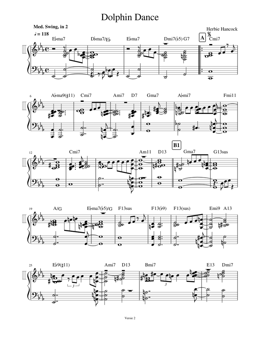 Dolphin Dance Sheet Music with Chords for Piano (Solo) easy