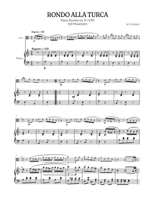Rondo Alla Turca (Turkish March) • viola sheet music with piano accompaniment (Arr. Benzaiten Editions) - Wolfgang Amadeus Mozart (Viola and Piano)