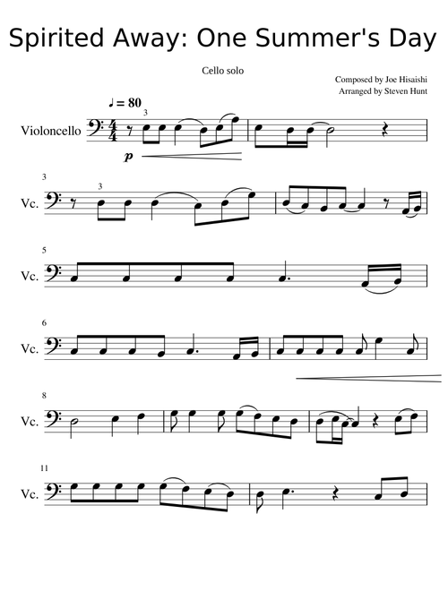 Spirited Away One Summer's Day for Solo Cello