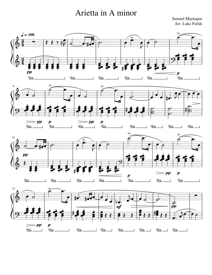 Arietta in A minor – Samuel Maykapar Sheet Music for Piano (Solo ...