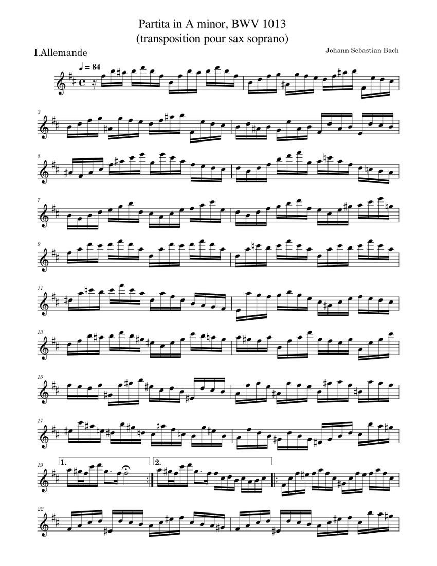 Partita in A minor, BWV 1013 (transposition pour sax soprano) J.S