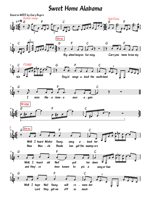 Sweet Home Alabama (Lead sheet with lyrics )