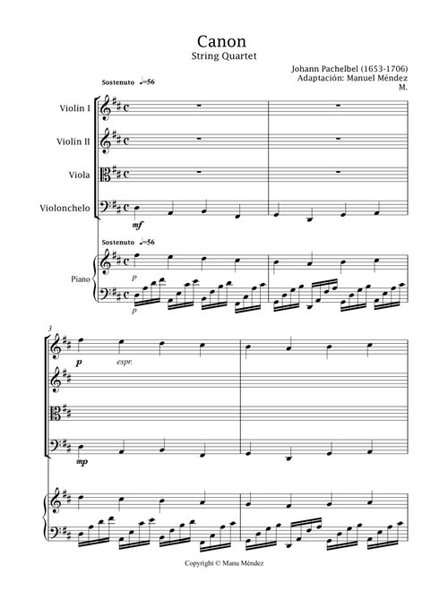 CANON in D for 3 VIOLINES, Cello & Piano accompaniment (Arr. Manuel Méndez Muñoz) - Johann Pachelbel (String Quartet)