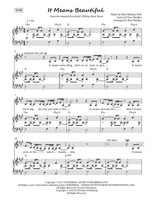 It Means Beautiful (Arr. Katy Bradley) - Dan Gillespie Sells (Choral, SAB)