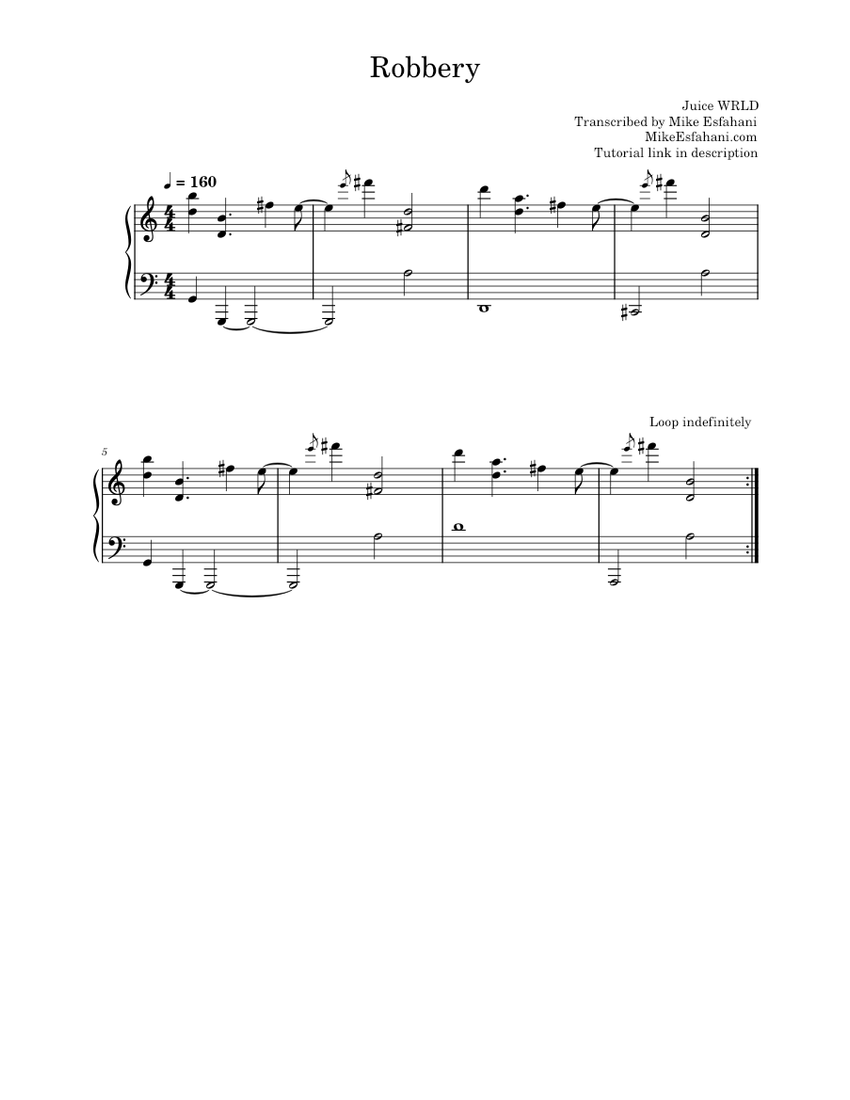 Juice WRLD Robbery Sheet music for Piano (Solo)