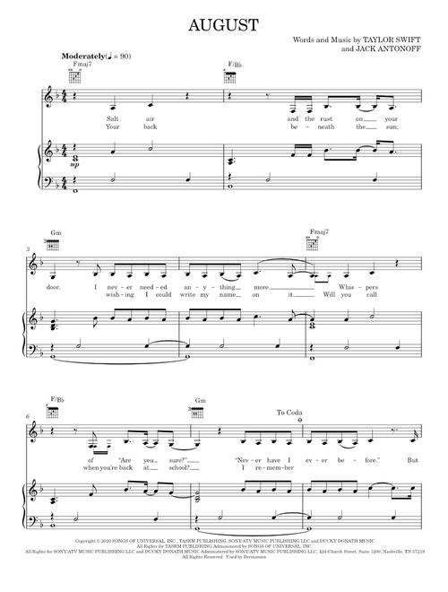 August - Taylor Swift (Piano-Vocal-Guitar)
