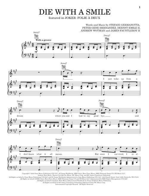 Die With A Smile - Bruno Mars & Lady Gaga (Piano-Vocal-Guitar)