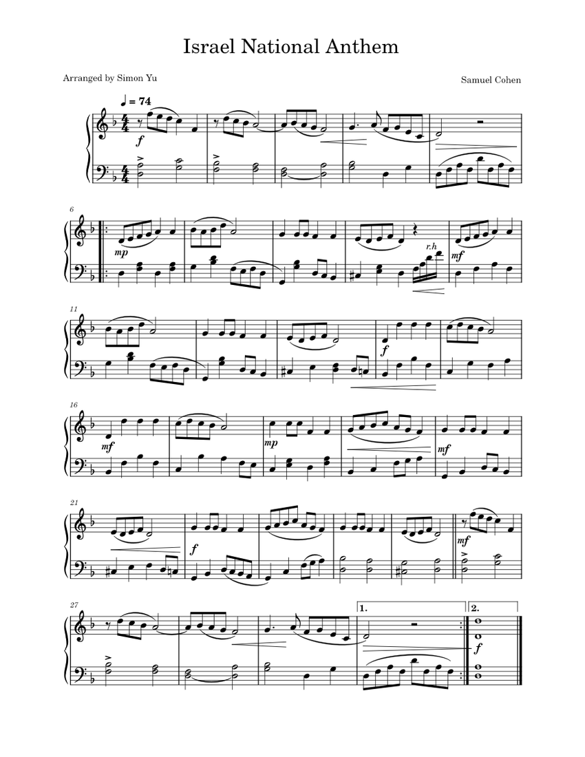 Israel National Anthem Sheet music for Piano (Solo)