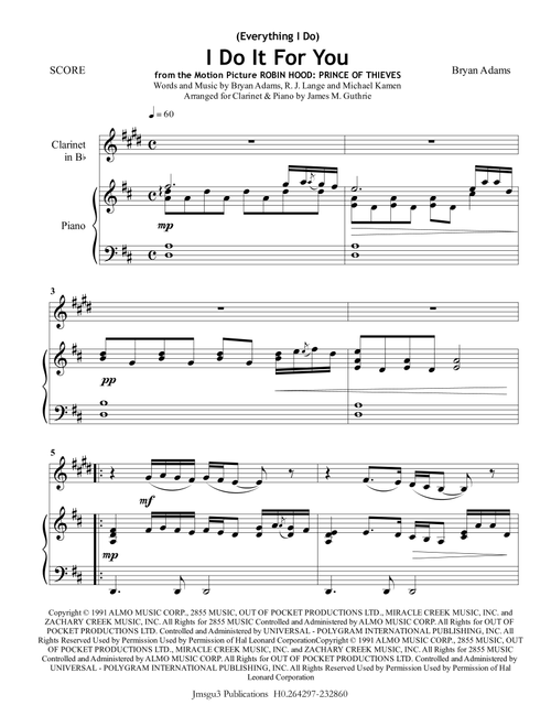 (Everything I Do) I Do It For You (Arr. James M. Guthrie, ASCAP) - Bryan Adams (Clarinet and Piano)