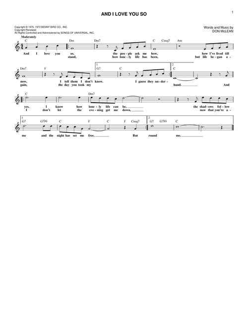 And I Love You So - Perry Como, Bobby Goldsboro (Lead Sheet - Fake Book)