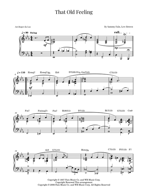 That Old Feeling (Arr. Roger da Luz) - Sammy Fain, Lew Brown (Piano Solo)