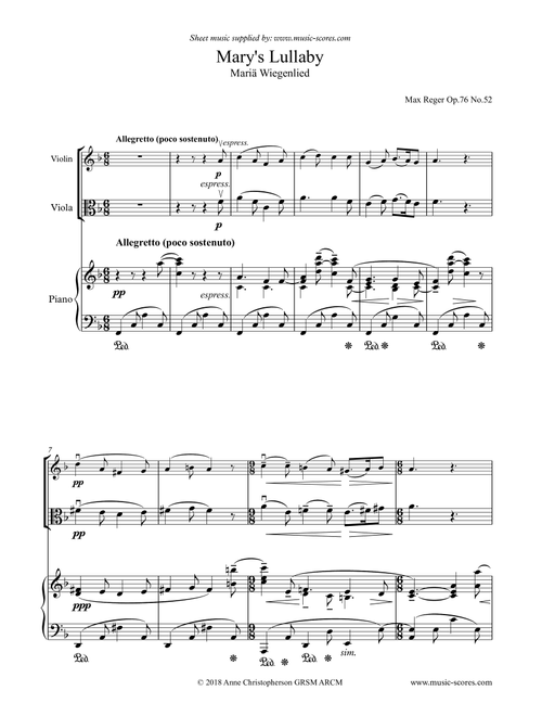 Mary's Lullaby, or Maria Wiegenlied - Violin, Viola and Piano (Arr. Anne L Christopherson GRSM ARCM) - Reger, Max (Small Ensemble)