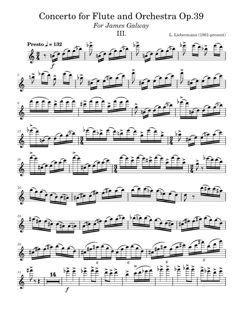 Liebermann Concerto for Flute and Orchestra Op.39 III Sheet