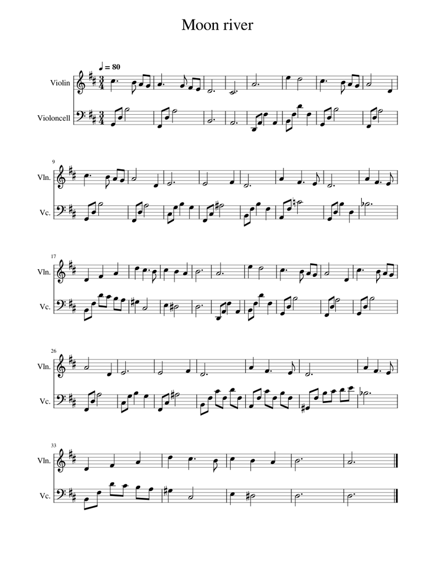 Moon river Sheet music for Violin, Cello (String Duet)
