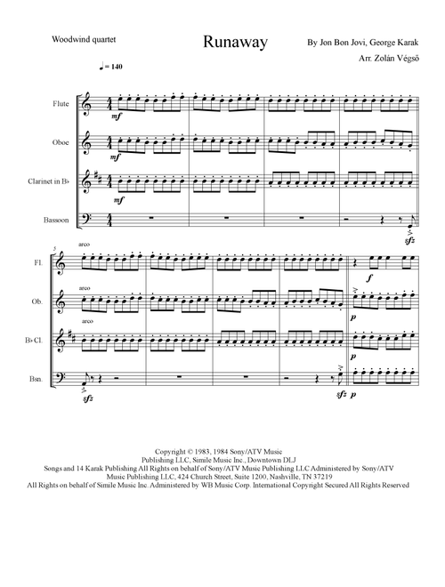 Runaway (Arr. Zoltan Vegso) - Bon Jovi (Woodwind Ensemble)