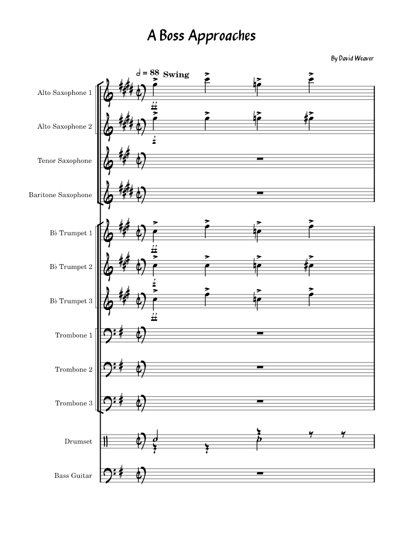 A Boss Approaches Sheet music for Trombone Saxophone alto Saxophone tenor Saxophone baritone more instruments Jazz Band Musescore