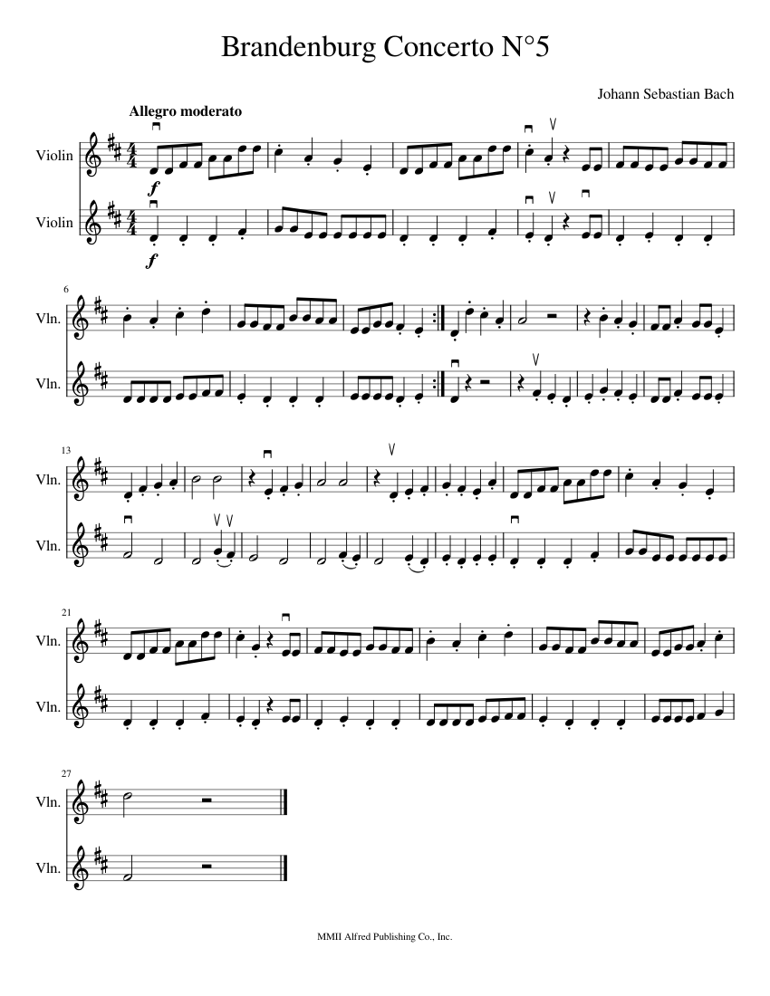 Brandenburg Concerto N°5 Sheet Music for Violin (String Duet) | MuseScore.com