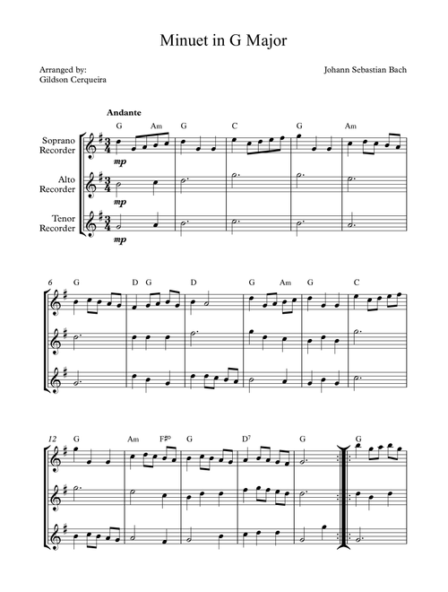 Minuet in G (Arr. Gildson Cerqueira) - Johann Sebastian Bach (Recorder Ensemble)