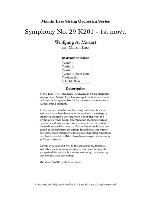 Symphony No. 29 in A major K201 (Arr. Martin Lass) - Wolfgang Amadeus Mozart (Orchestra)