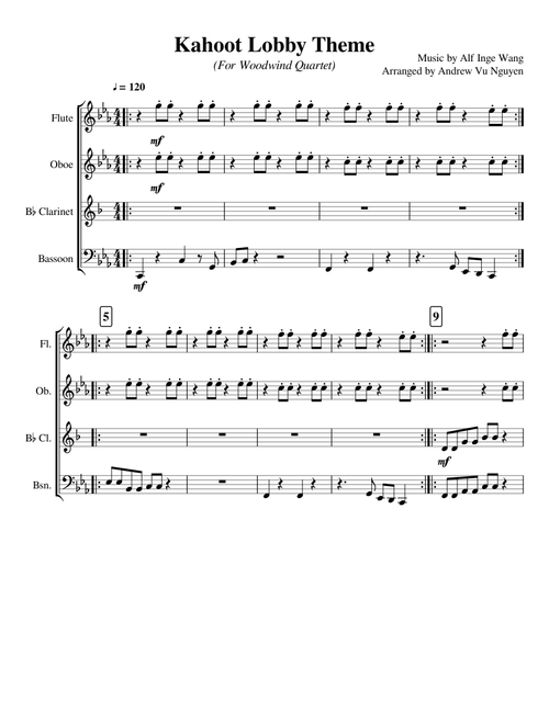 Kahoot Lobby Theme Woodwind Quartet Arrangement