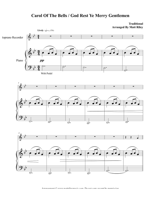 Carol of the Bells / God Rest Ye Merry Gentlemen – Soprano Recorder (Arr. Matt Riley) - Mykola D. Leontovich (Instrumental Duet)