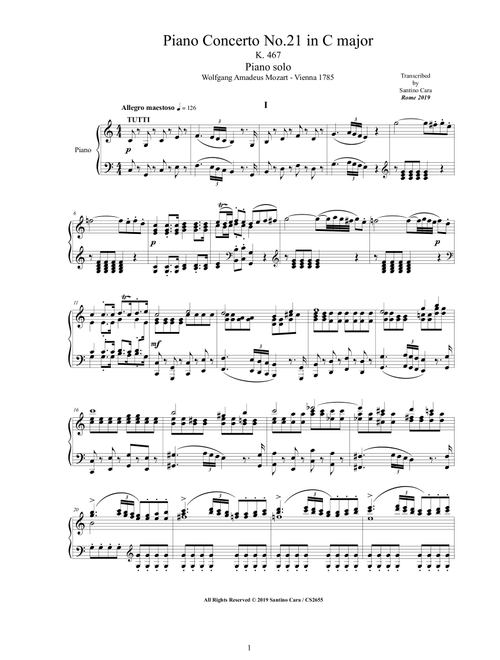Mozart - Piano Concerto No.21 in C major K 467 - Version for Piano solo (Arr. Santino Cara) (Piano Solo)