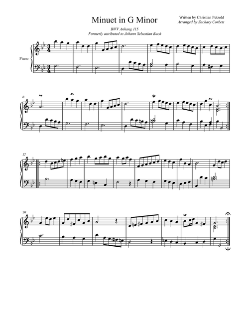 Minuet BWV Anhang 115 in G Minor (Arr. Zachary Corbett) - Johann Sebastian Bach (Piano Solo)