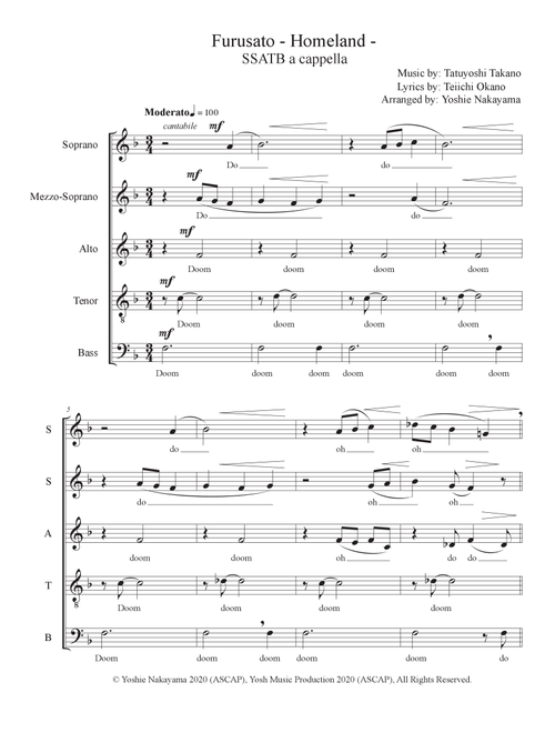 Furusato - Homeland - SSATB Acappella (Arr. Yoshie Nakayama) - Teichi Okano (Choral, SATB divisi)
