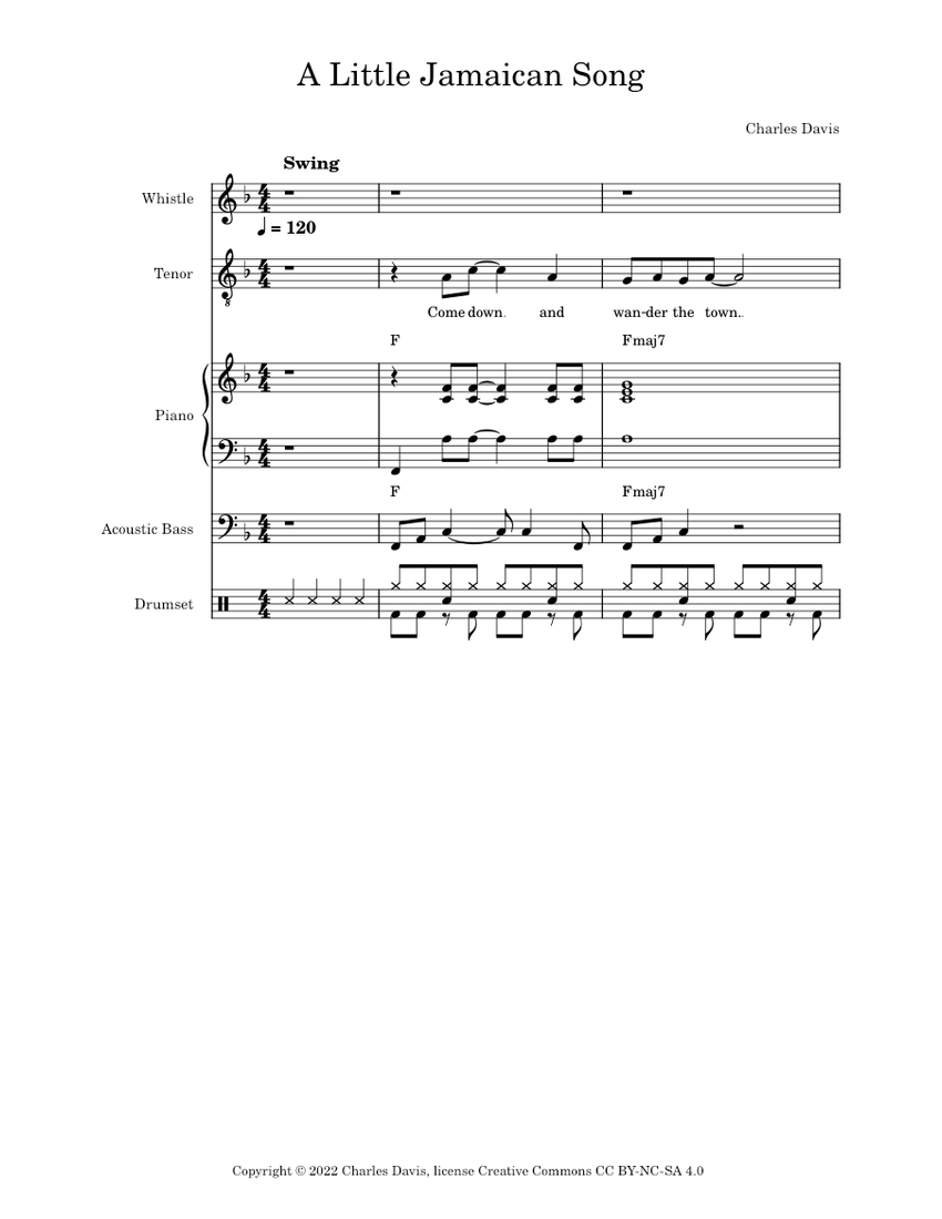 A Little Jamaican Song Sheet music for Piano, Tenor, Bass guitar, Drum