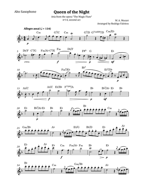 Queen of the Night - for solo alto saxophone (with chords) (Arr. Rodrigo Faleiros) - Mozart, W A Mozart (Alto Sax Solo)