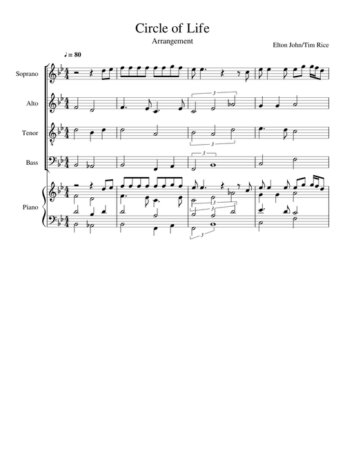 Circle of Life SATB Arrangement + Piano Reduction