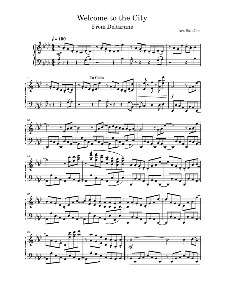 ミュージック K-mix A Day Of HELLO FROM THE PIANO TOWN WELCOME TO THE CITY – Toby Fox Sheet Music for Piano (Solo