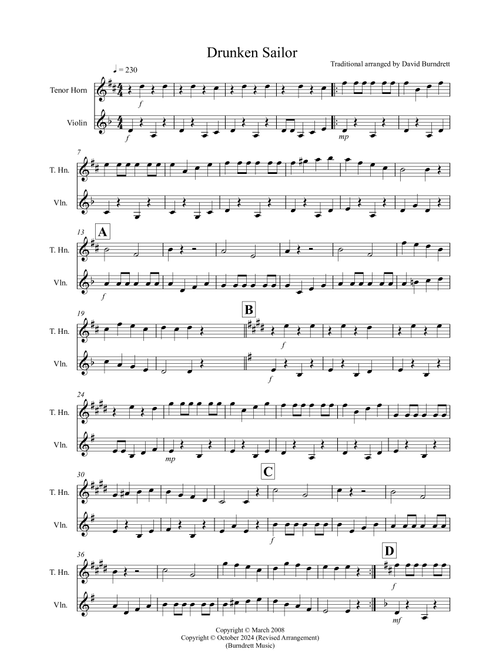 Drunken Sailor for Tenor Horn and Violin Duet (Arr. David Burndrett) - Traditional (Instrumental Duet)