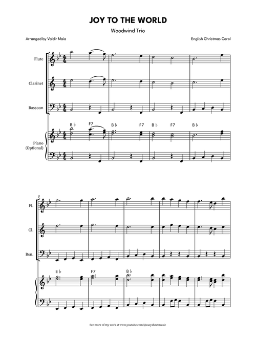 Joy to the World for Woodwind Trio – Flute, Clarinet, and Bassoon with Optional Piano Accompaniment (Arr. Valdir Maia) - Traditional (Woodwind Ensemble)