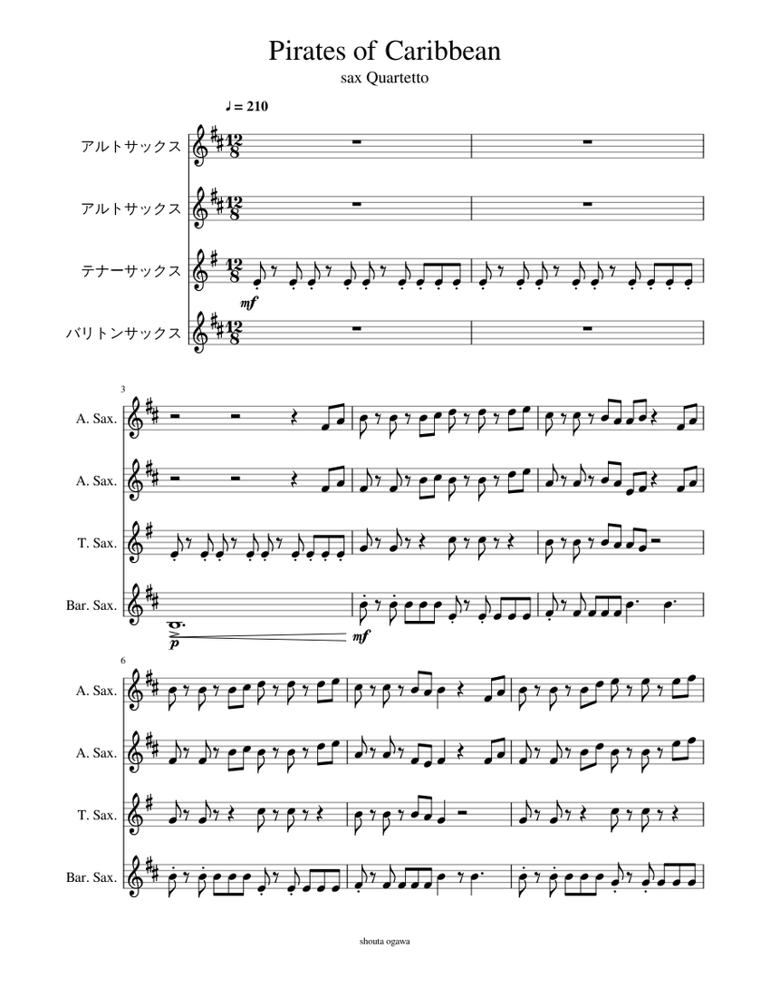 Pirates of Caribbean Sheet music for Saxophone alto, Saxophone tenor