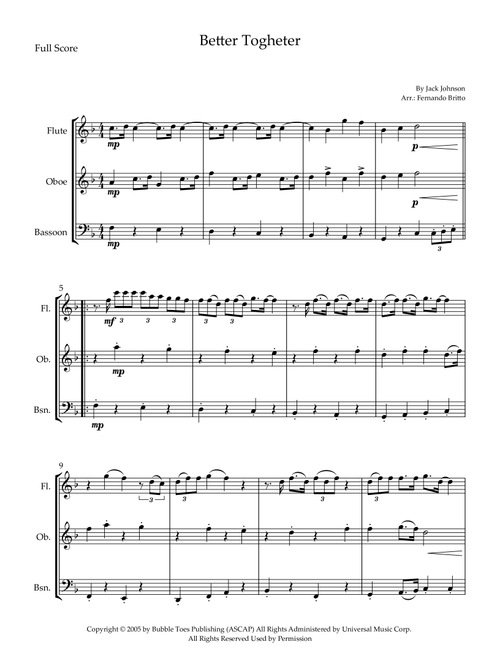 Better Together (Arr. Fernando Britto) - Jack Johnson (Woodwind Ensemble)