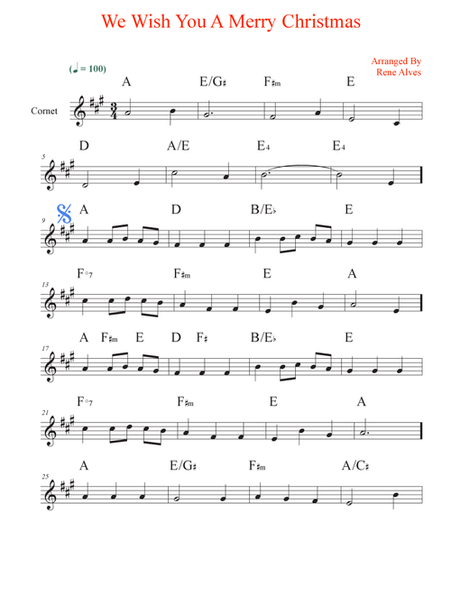 We Wish You A Merry Christmas, sheet music and cornet melody for the beginning musician (easy). (Arr. Rene Alves) - Public Domain (Instrumental Solo)