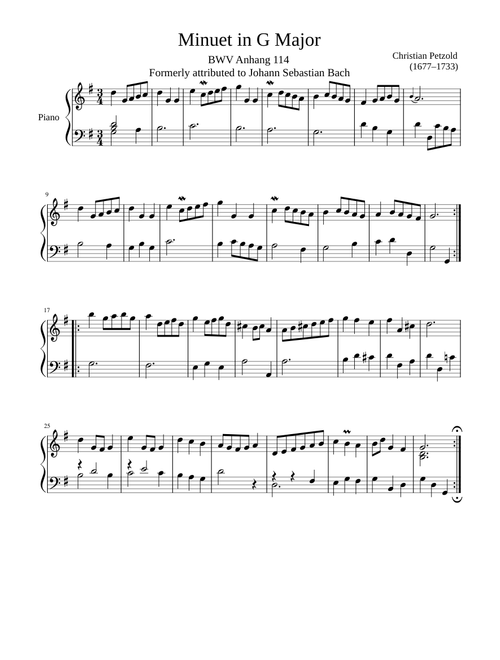 Minuet in G Major Notebooks for Anna Magdalena Bach BWV Anhang 116 – Christian Petzold Minuet in G Major Bach