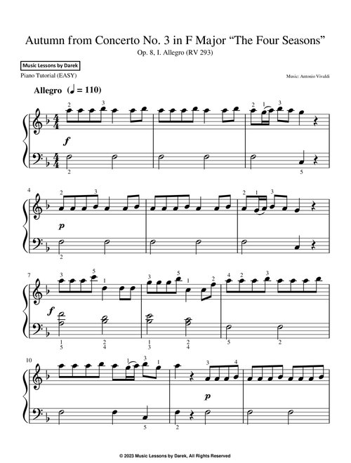 Autumn from Concerto No. 3 in F Major “The Four Seasons” (EASY PIANO) Op. 8, I. Allegro (RV 293) (Arr. Darek) - Antonio Vivaldi (Easy Piano)