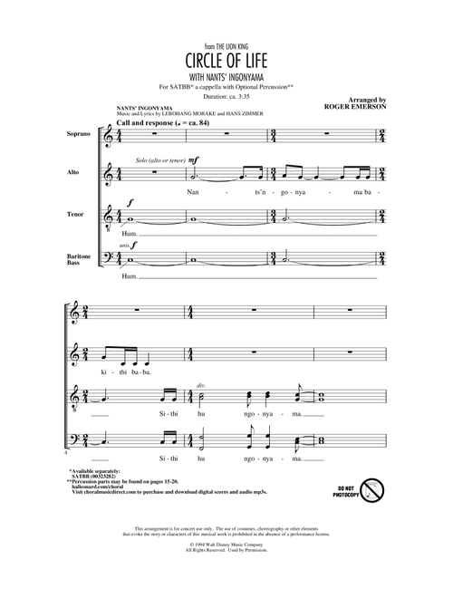 Circle Of Life (with Nants' Ingonyama) (from The Lion King) (arr. Roger Emerson) - Elton John (Choral, SATB)