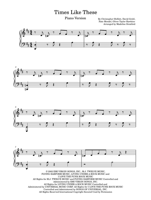 Times Like These (Arr. Madeline J Stratford) - Foo Fighters (Piano Solo)