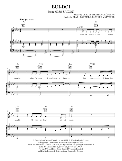 Bui-Doi - Alain Boublil, Claude-Michel Schonberg, Miss Saigon Musical (Piano-Vocal-Guitar)