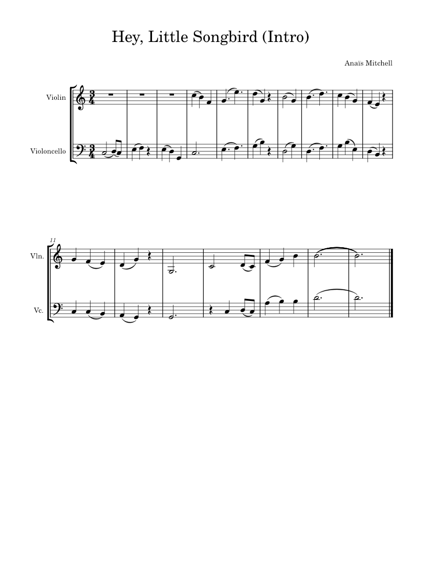 Hey little songbird Anaïs Mitchell Sheet Music for Violin, Cello