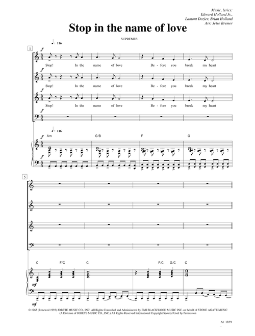 Stop! In The Name Of Love (Arr. Jetse Bremer) - The Supremes (Choral, 4-Part)