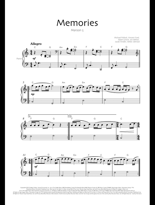 Memories (Arr. Robin Hood Editions) - Maroon 5 (Easy Piano)