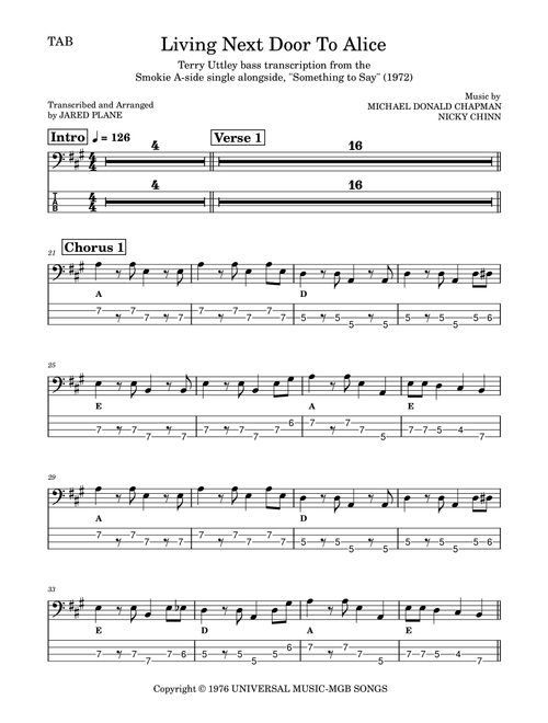 Living Next Door To Alice (Arr. Jared Plane) - Smokie (Bass Tab)