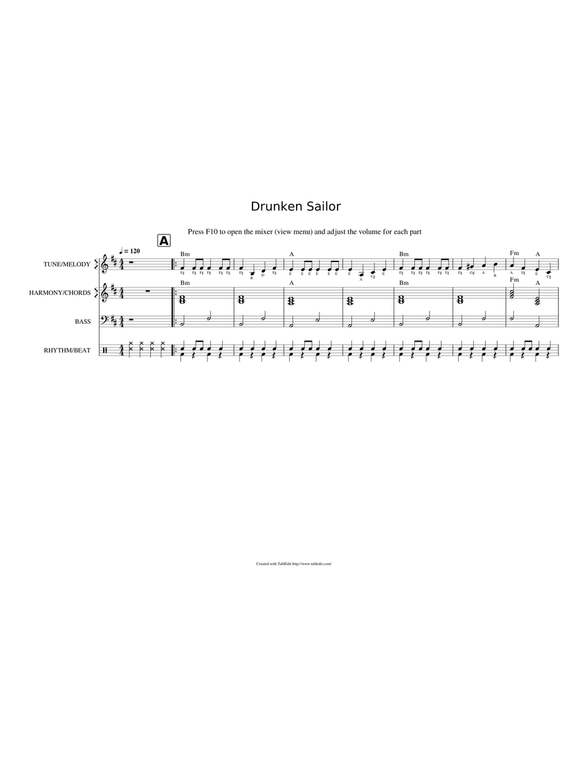 17 BIG BAND Drunken sailor (tune harmony bass and rhythm example) Sheet