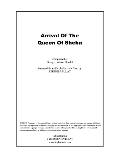 Arrival Of The Queen Of Sheba (Handel) - violin/cello duo or other treble clef/bass clef instruments (Arr. Stephen Bulat) - G. F. Handel (Instrumental Duet)