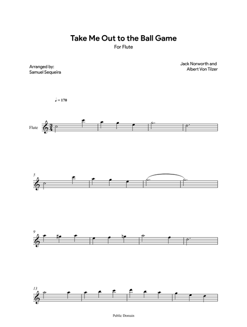 Take me out to the Ball Game - for Flute (Arr. Samuel Sequeira) - Albert von Tilzer (Flute Solo)