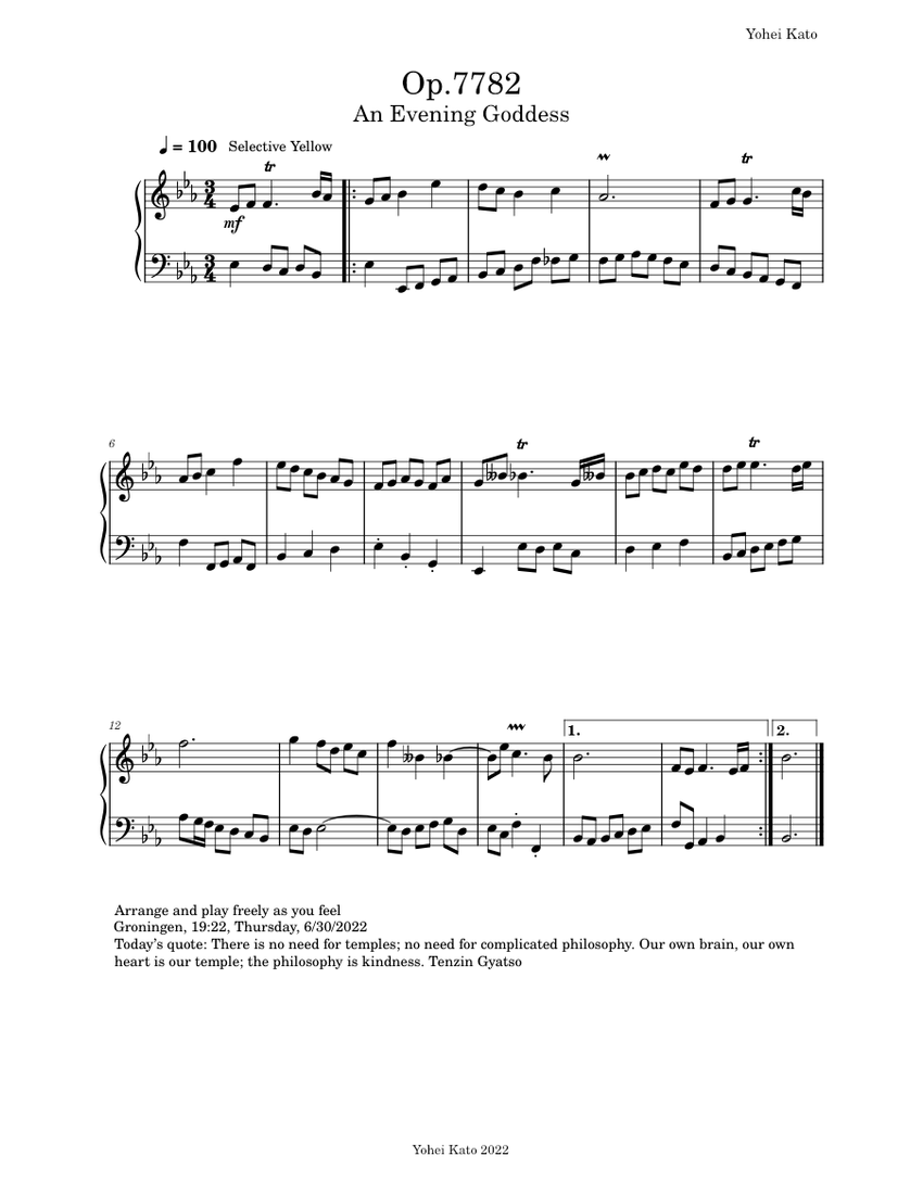 Op.7782 An Evening Goddess Sheet music for Piano (Solo) Easy